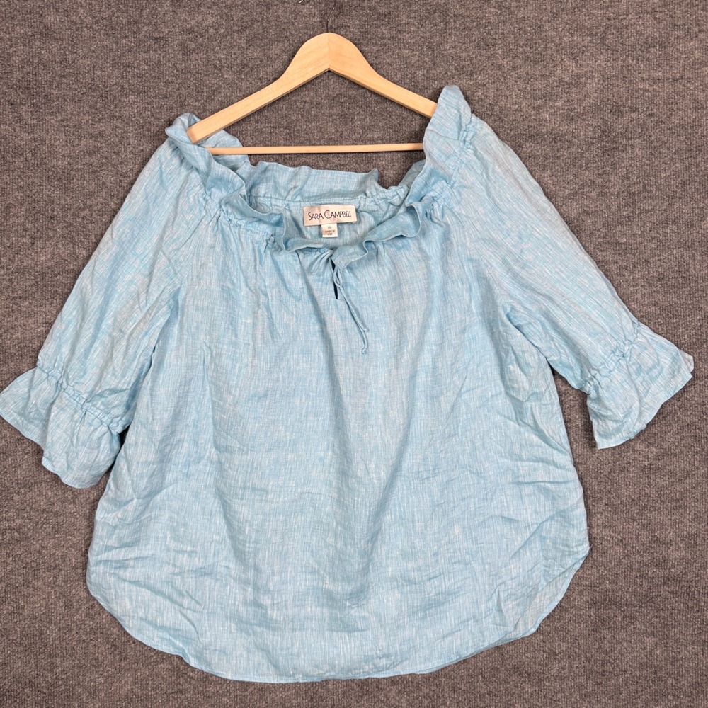 Sara Campbell Size XL Top Blouse Light Blue Linen Chambray Ruffled Tie Neckline